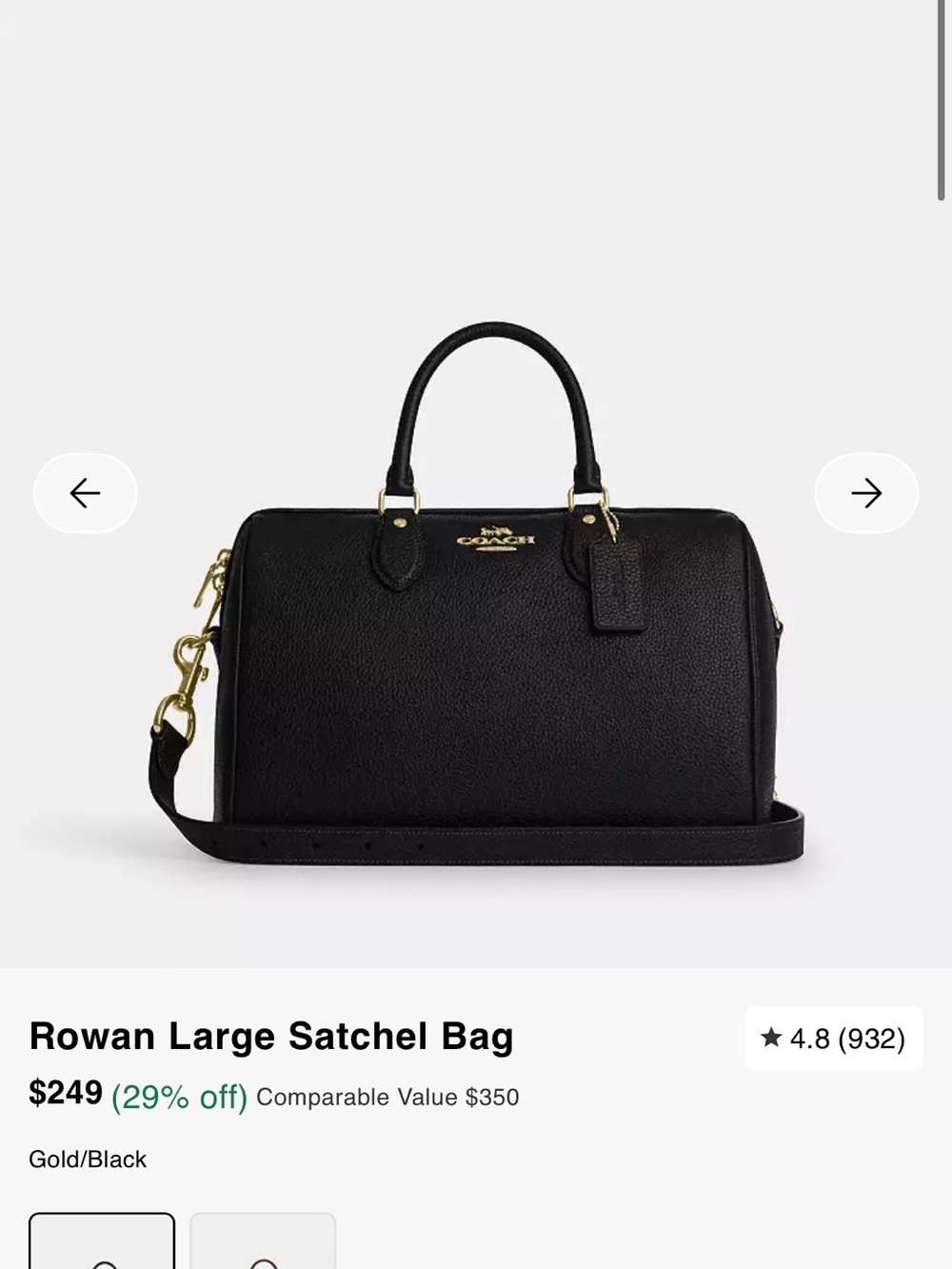 Coach Rowan Large Satchel Bag - Black with Gold Hardware